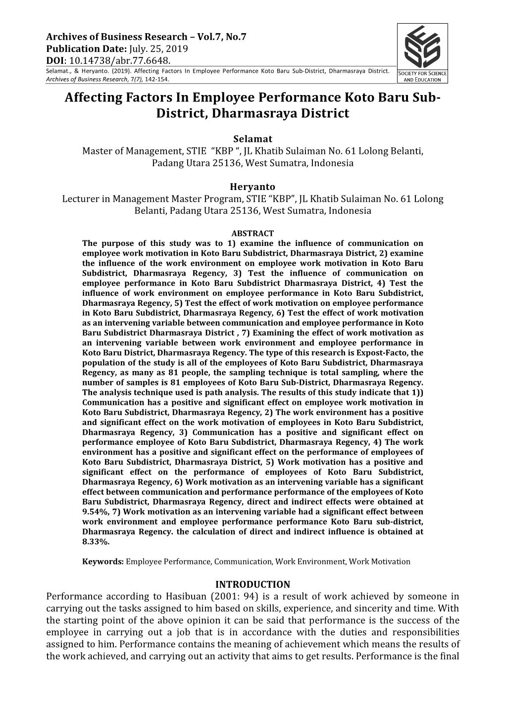 Affecting Factors in Employee Performance Koto Baru Sub-District, Dharmasraya District