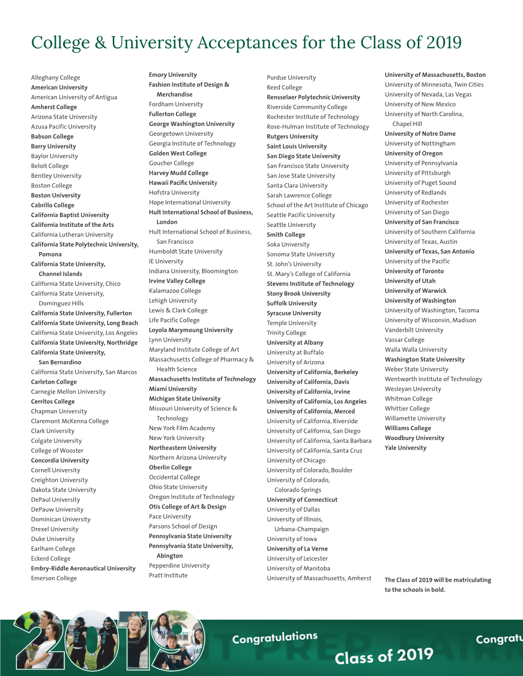 College & University Acceptances for the Class of 2019