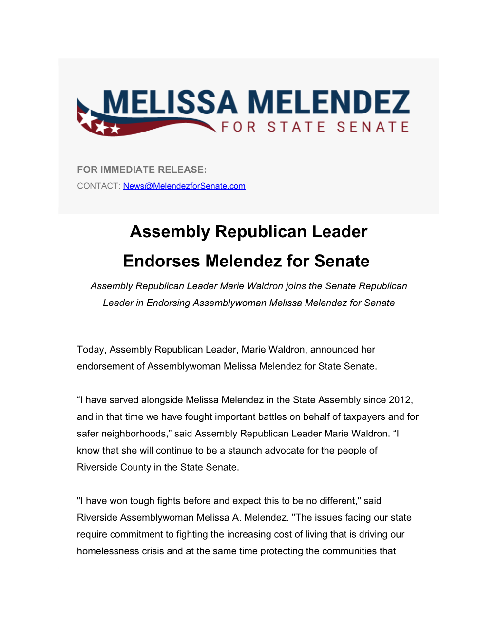 Assembly Republican Leader Endorses Melendez for Senate