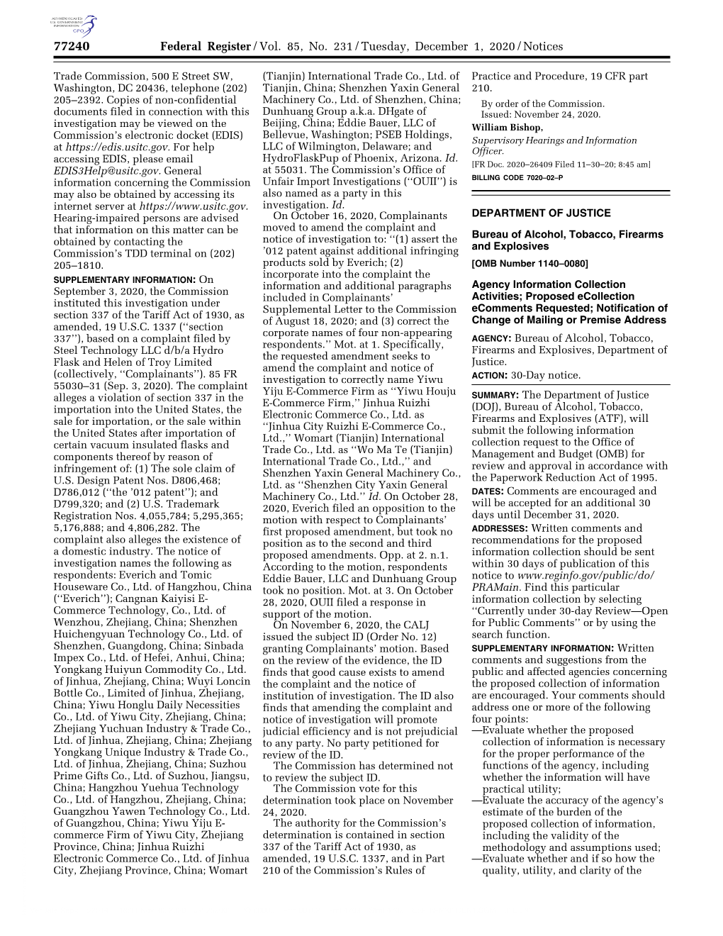 Federal Register/Vol. 85, No. 231/Tuesday, December 1, 2020