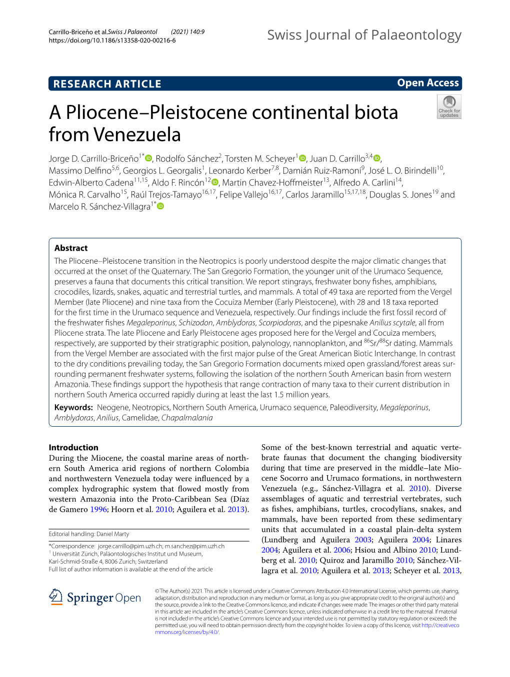 A Pliocene–Pleistocene Continental Biota from Venezuela Jorge D