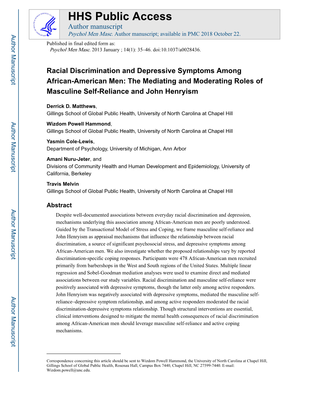 Racial Discrimination and Depressive Symptoms Among African-American Men: the Mediating and Moderating Roles of Masculine Self-Reliance and John Henryism