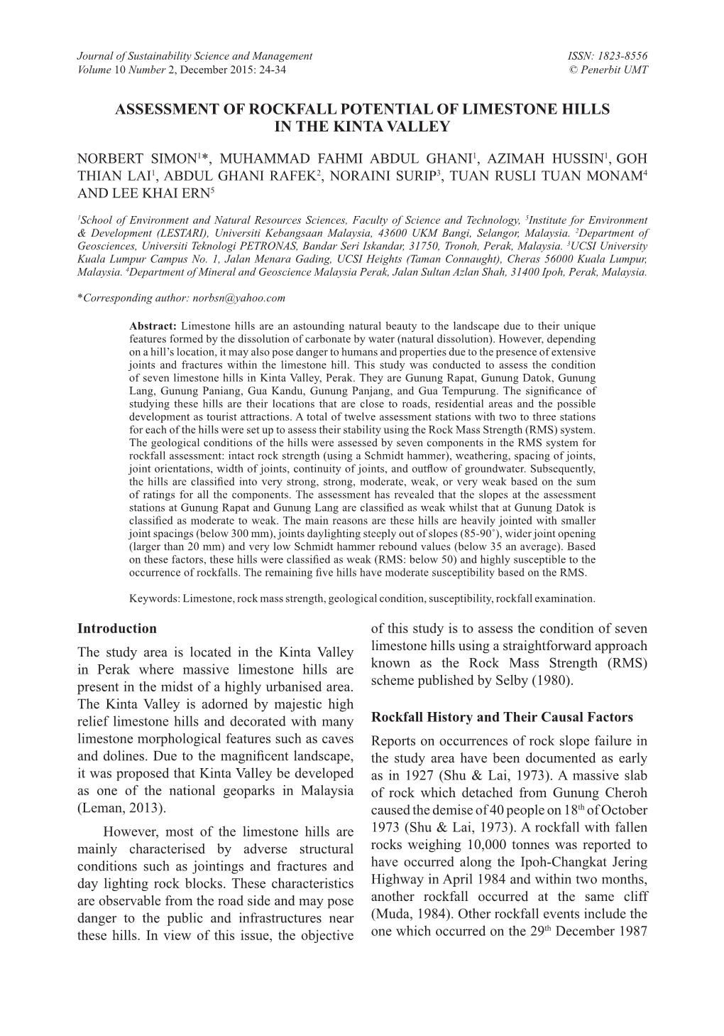 Assessment of Rockfall Potential of Limestone Hills in the Kinta Valley