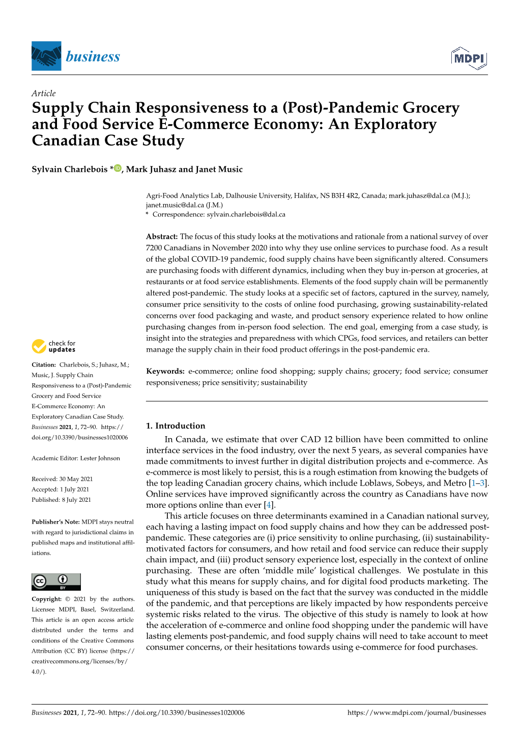 Supply Chain Responsiveness to a (Post)-Pandemic Grocery and Food Service E-Commerce Economy: an Exploratory Canadian Case Study