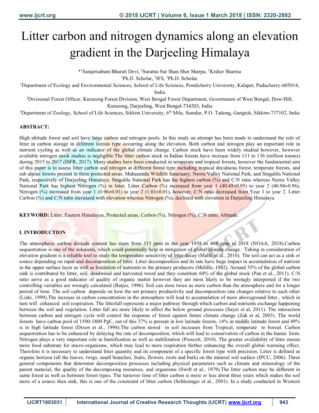 Litter Carbon and Nitrogen Dynamics Along an Elevation Gradient in the Darjeeling Himalaya