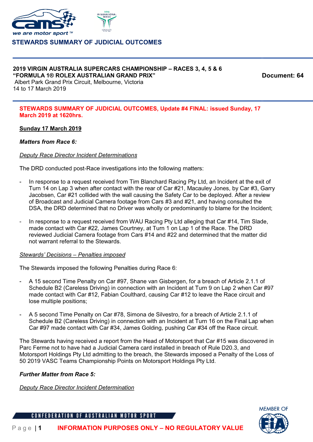 STEWARDS SUMMARY of JUDICIAL OUTCOMES Page