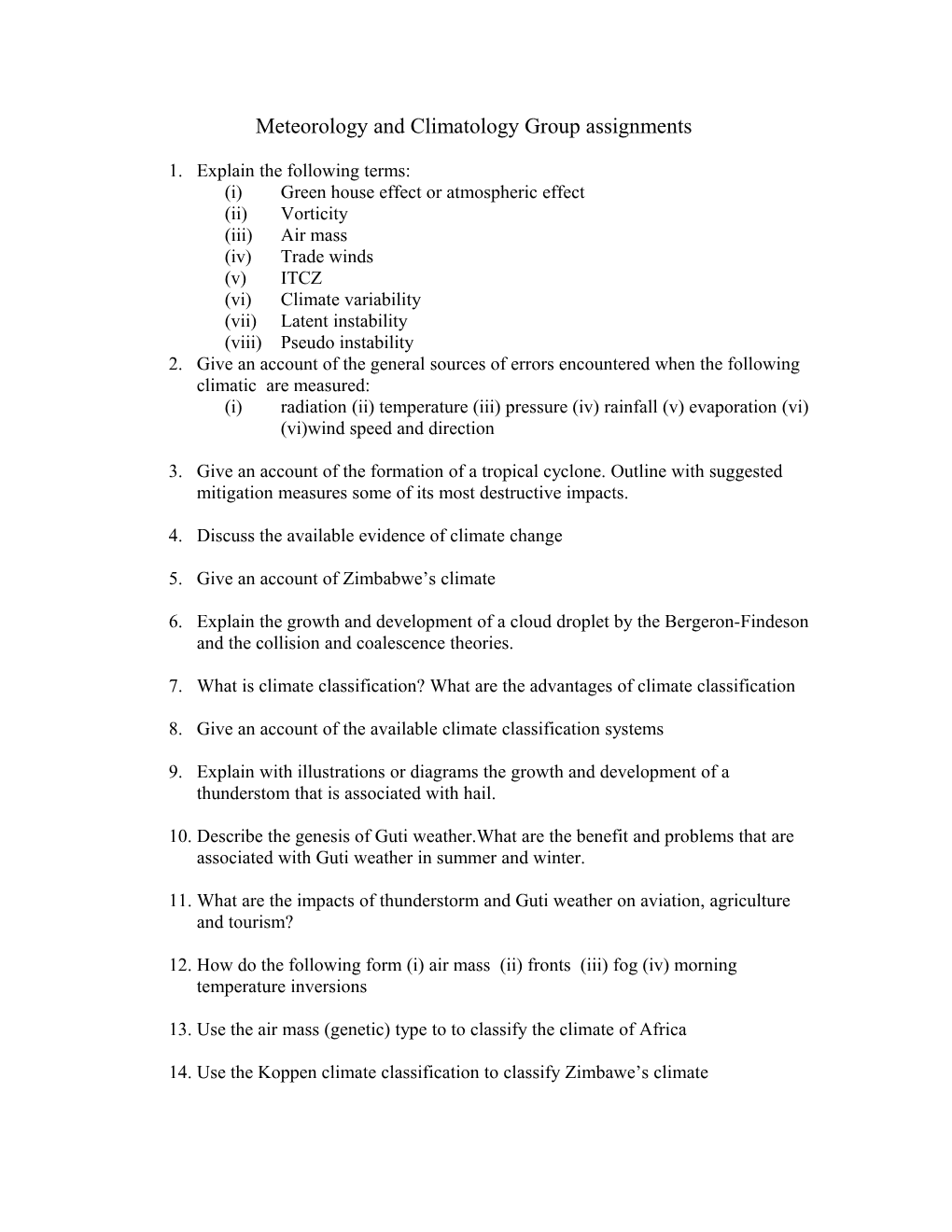 Meteorology and Climatology Group Assignments