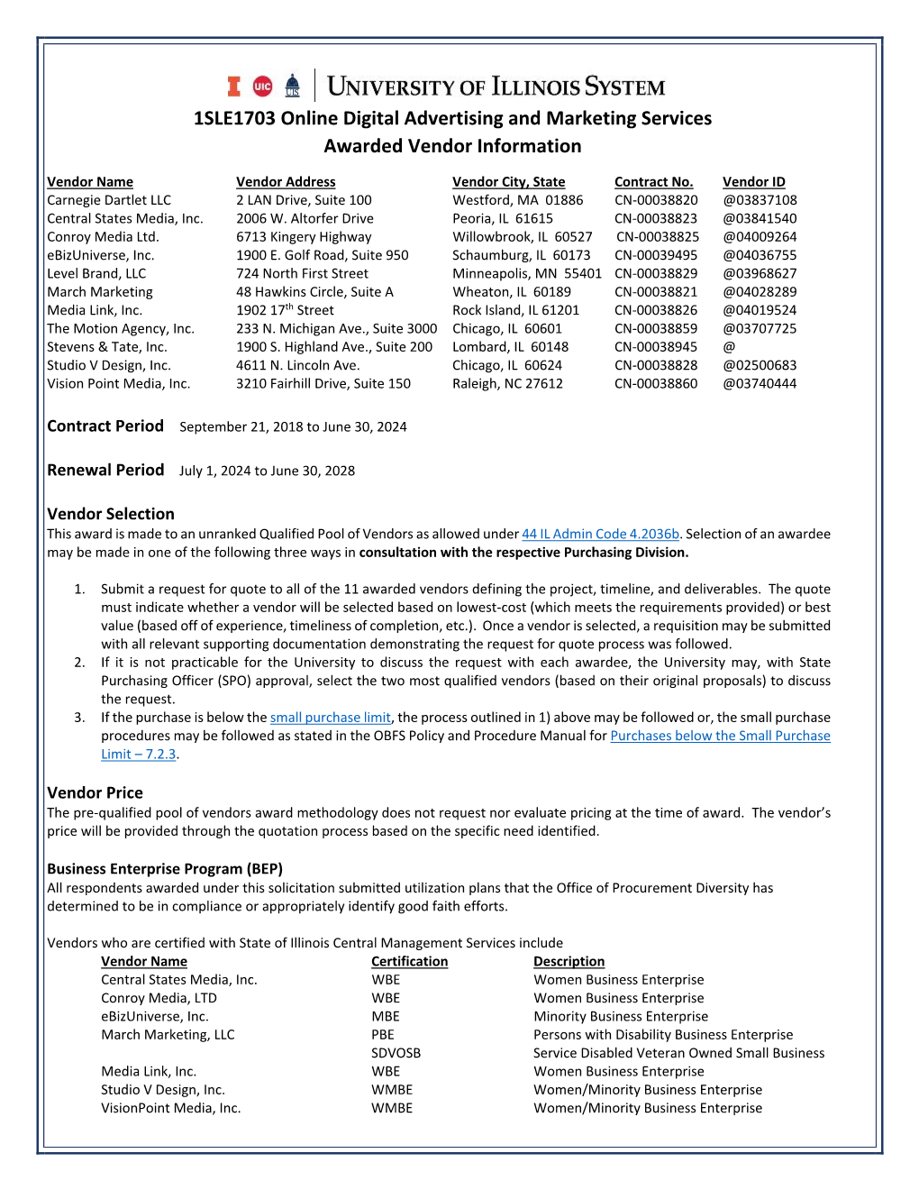 1SLE1703 Online Digital Advertising and Marketing Services Awarded Vendor Information