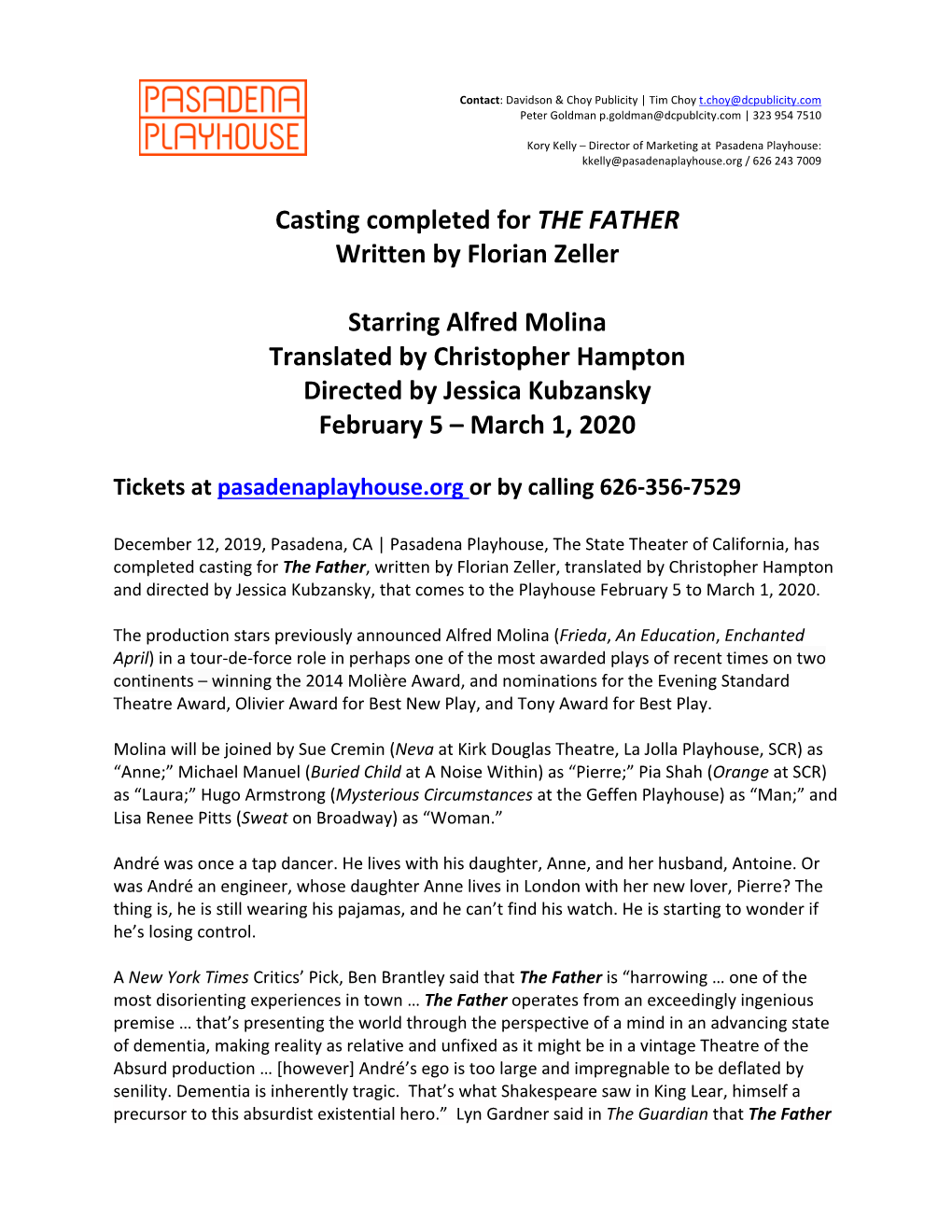 Casting Completed for the FATHER Written by Florian Zeller