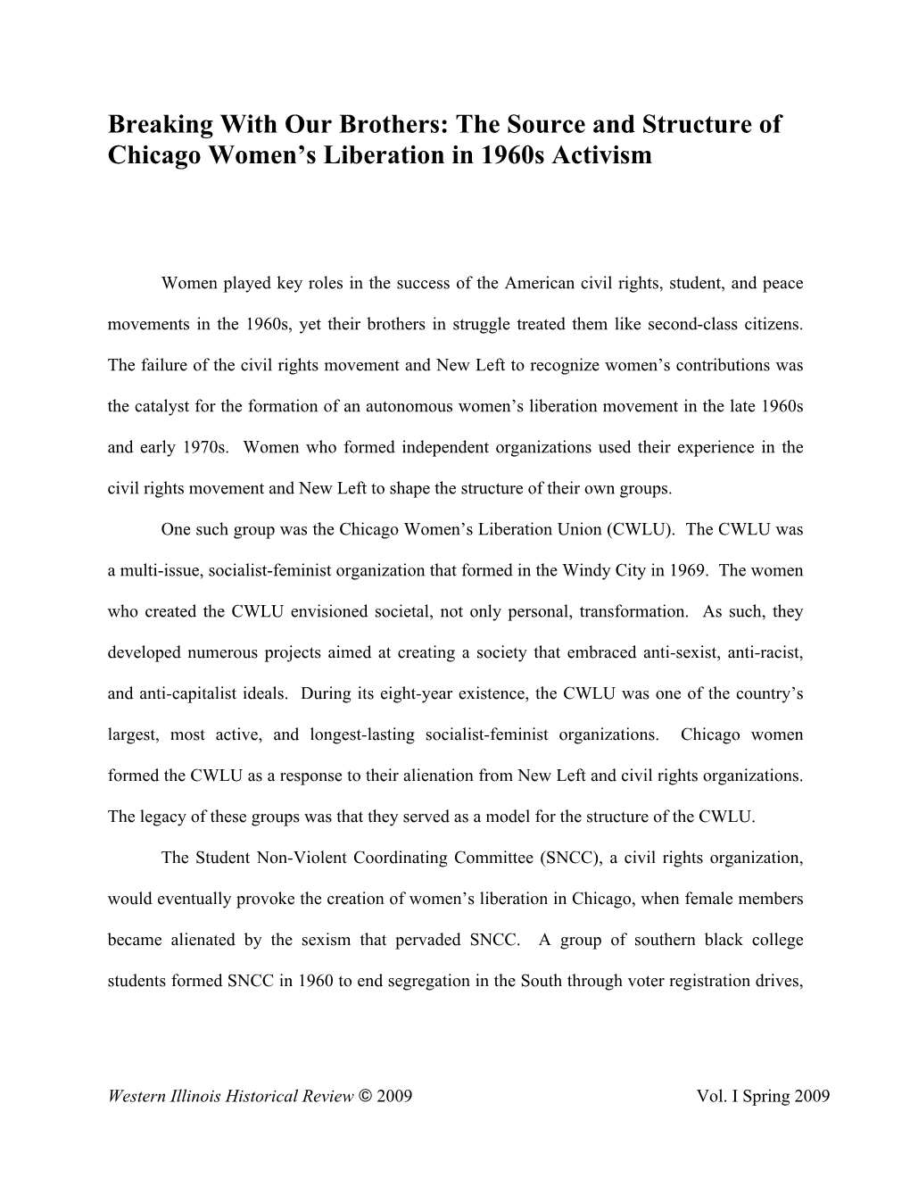 Breaking with Our Brothers: the Source and Structure of Chicago Women’S Liberation in 1960S Activism