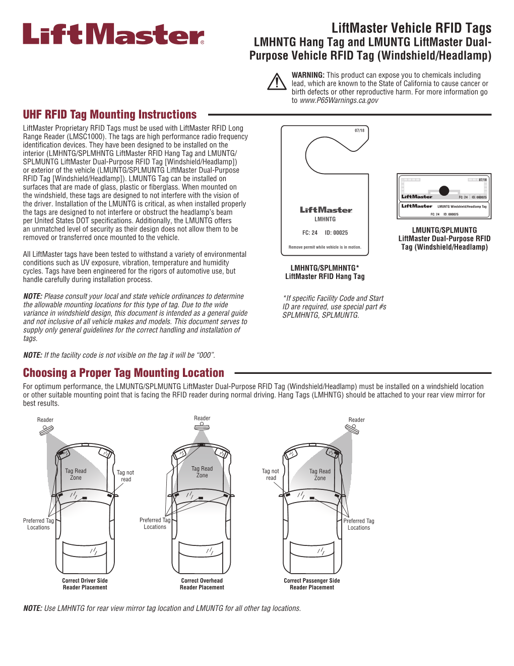 LMHNTG Hang Tag and LMUNTG Liftmaster Dual- Purpose Vehicle RFID Tag (Windshield/Headlamp)