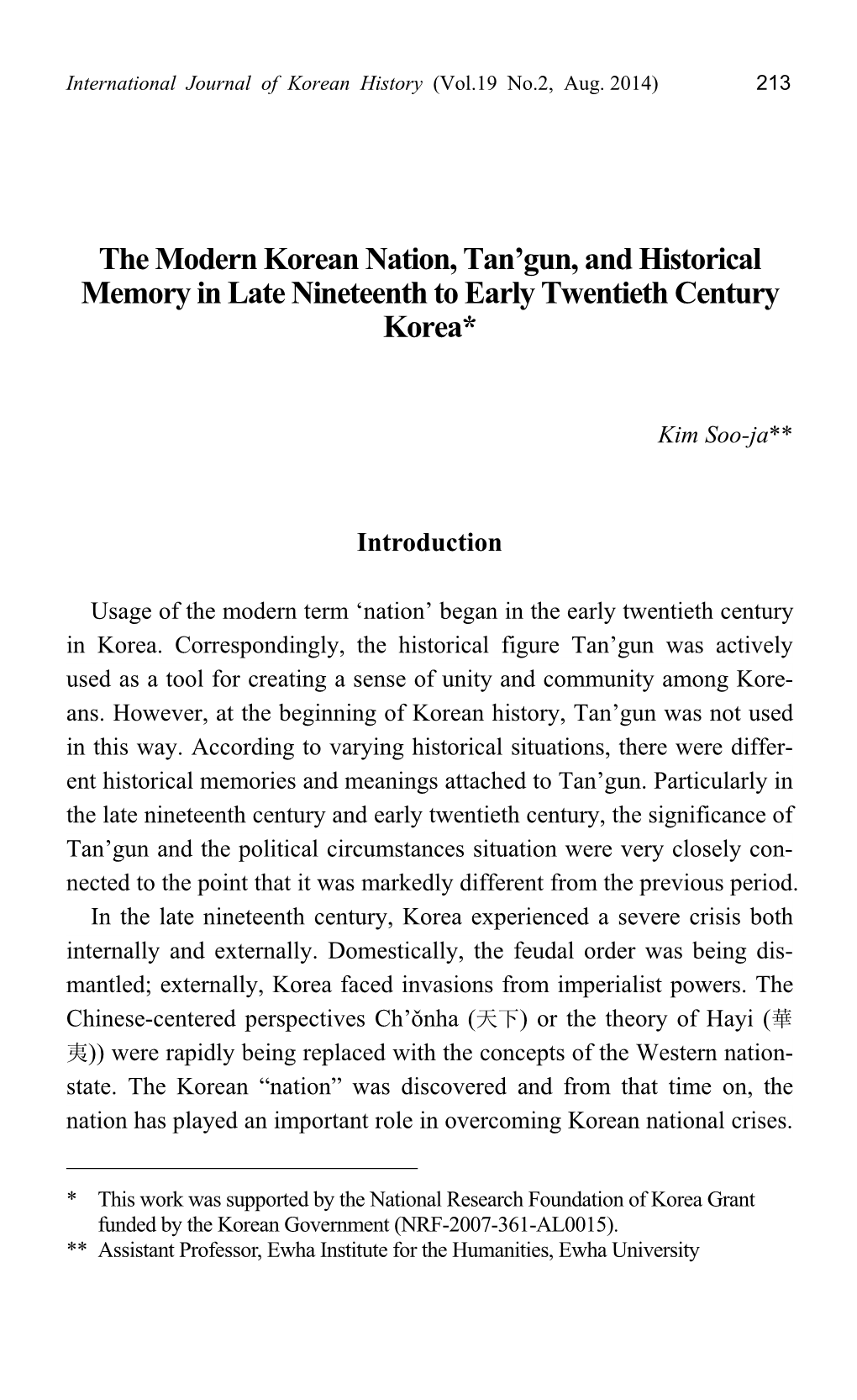 The Modern Korean Nation, Tan'gun, and Historical Memory in Late