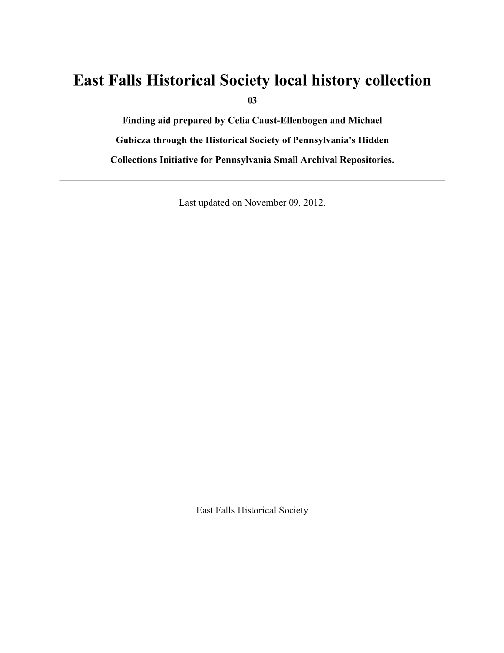 East Falls Historical Society Local History Collection