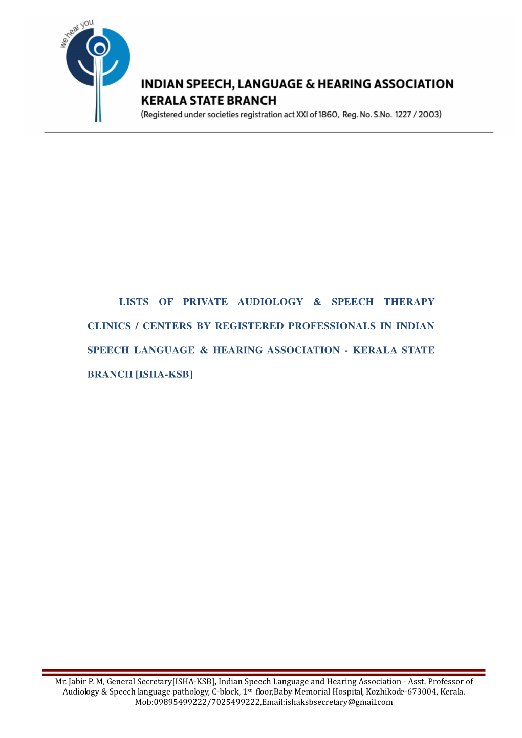 Lists of Private Audiology & Speech Therapy Clinics / Centers By