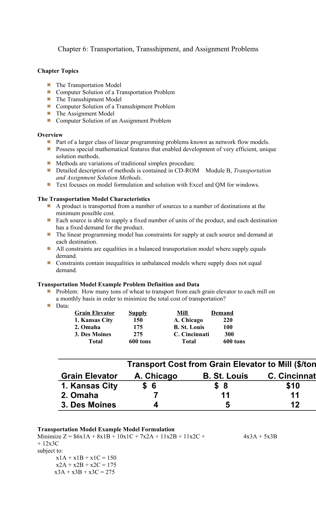 The Transportation Model Characteristics