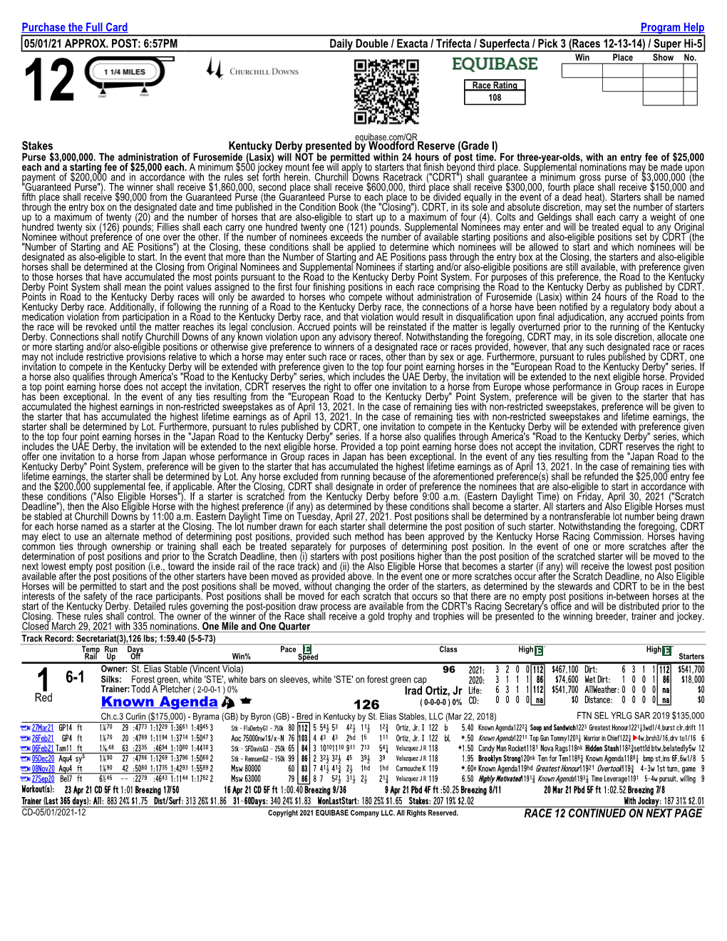 Known Agenda   126 ( 0-0-0-0 ) 0% CD: 0 0 0 0 Na $0 Distance: 0 0 0 0 Na $0 Ch.C.3 Curlin ($175,000) - Byrama (GB) by Byron (GB) - Bred in Kentucky by St