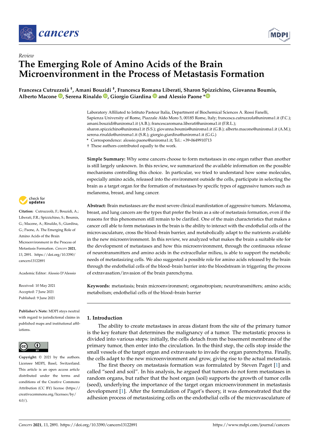 The Emerging Role of Amino Acids of the Brain Microenvironment in the Process of Metastasis Formation