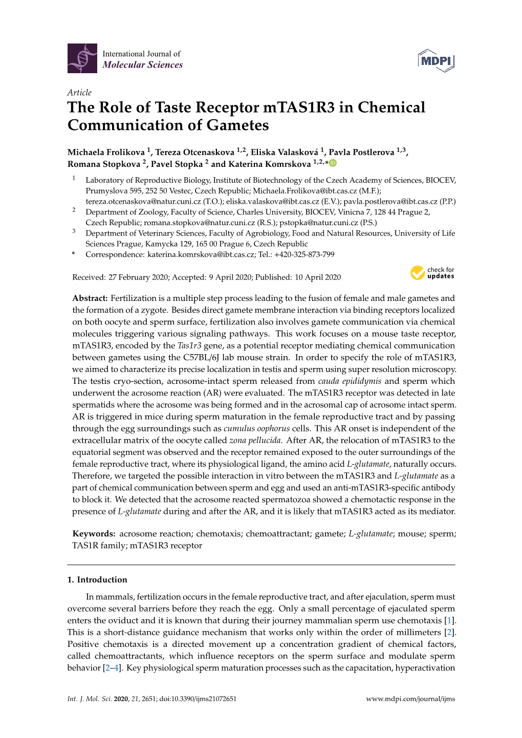 The Role of Taste Receptor Mtas1r3 in Chemical Communication of Gametes