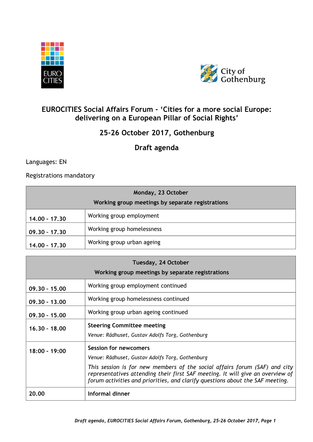 EUROCITIES Social Affairs Forum - ‘Cities for a More Social Europe: Delivering on a European Pillar of Social Rights’