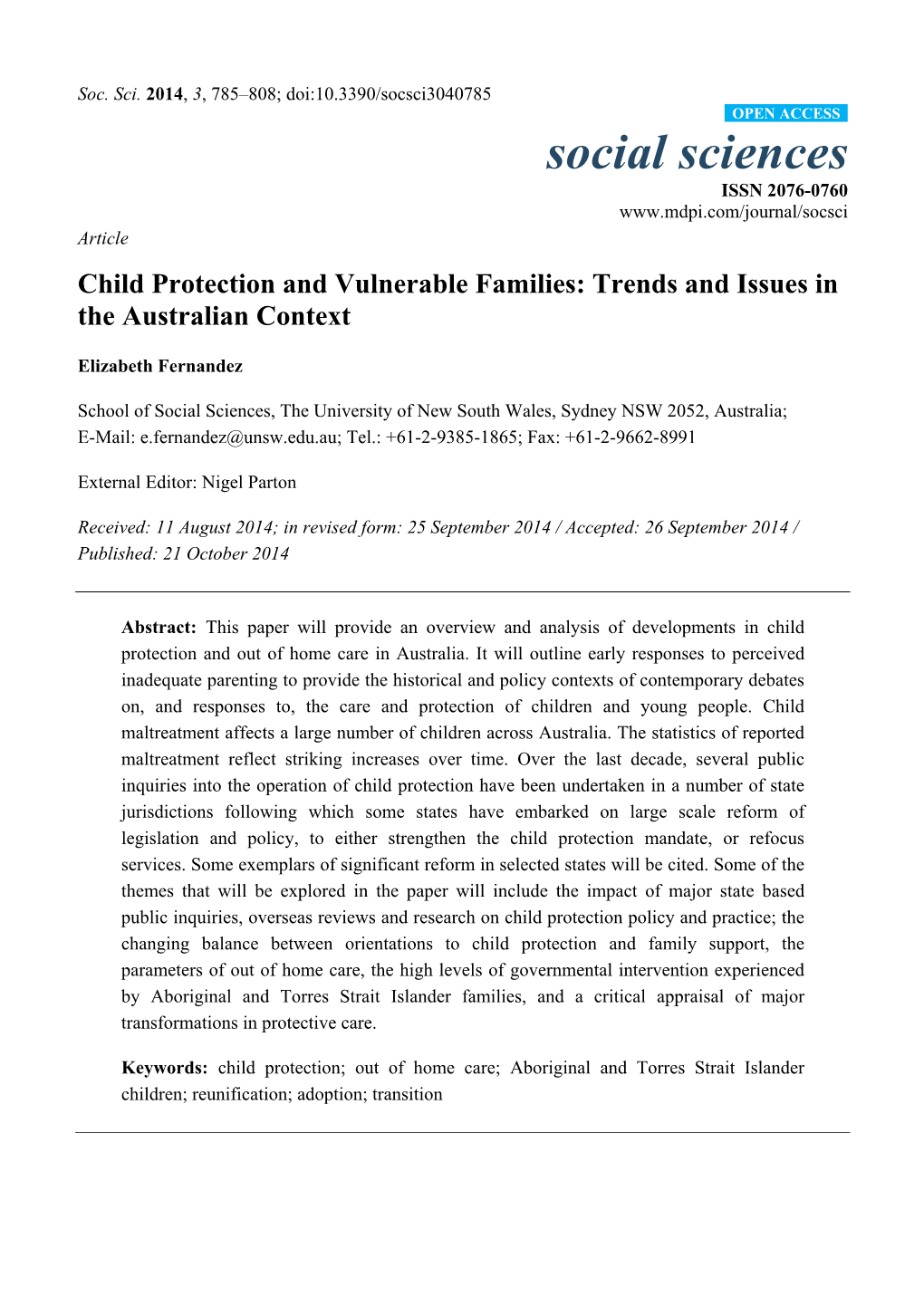 Child Protection and Vulnerable Families: Trends and Issues in the Australian Context