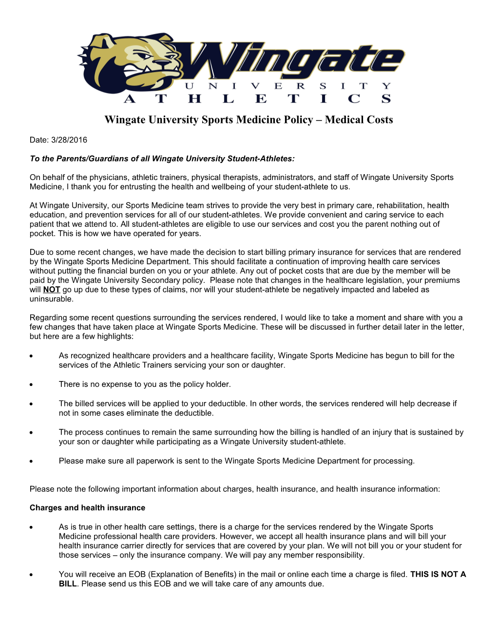 Wingate University Sports Medicine Policy Medical Costs