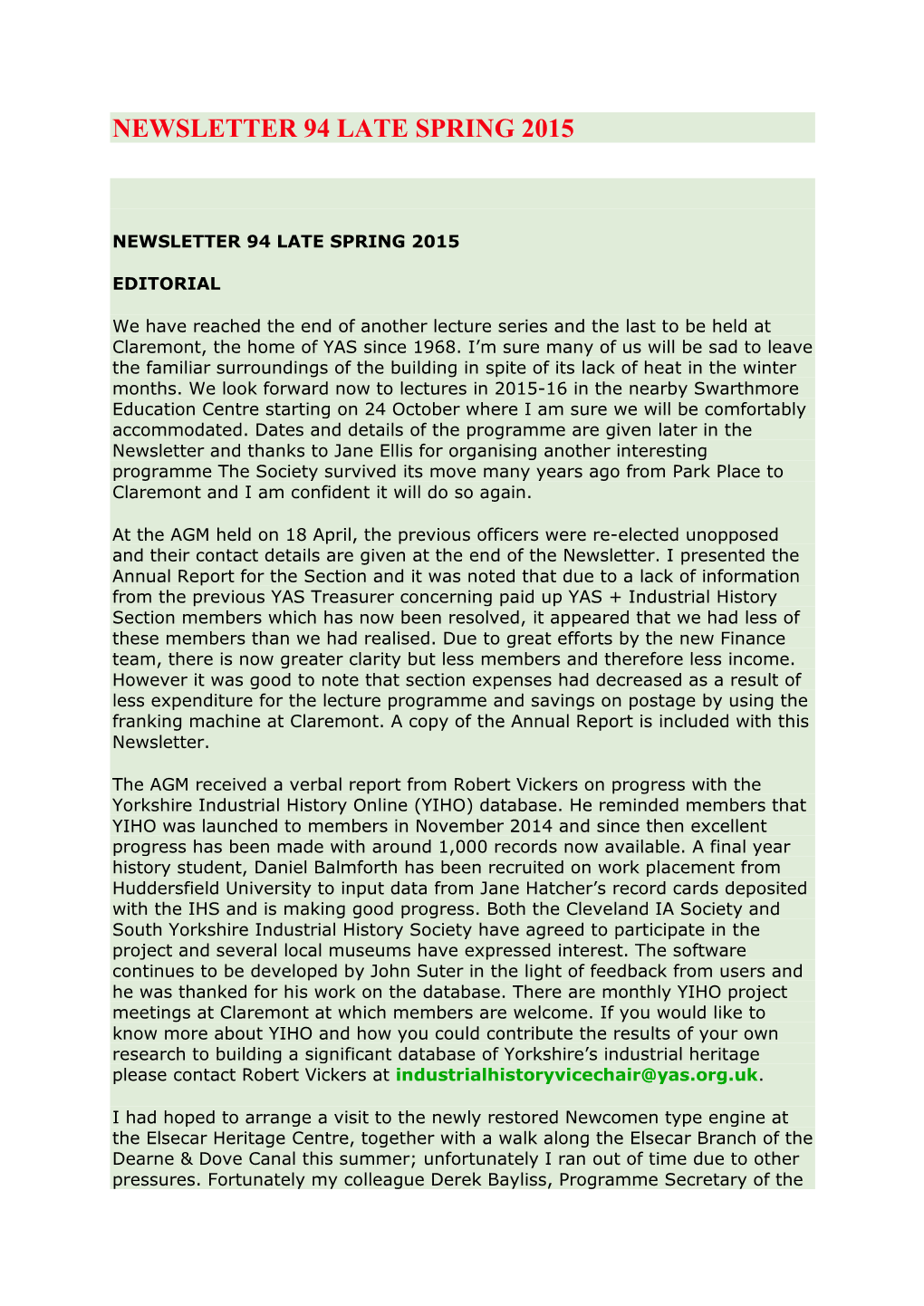 Newsletter 94 Late Spring 2015