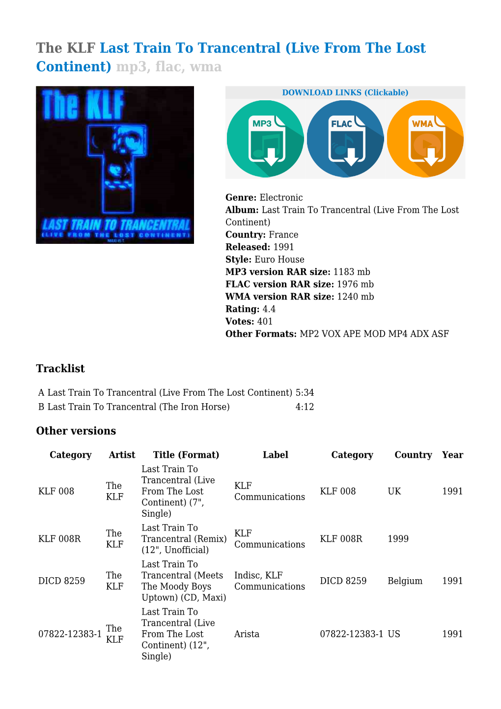 The KLF Last Train to Trancentral (Live from the Lost Continent) Mp3, Flac, Wma