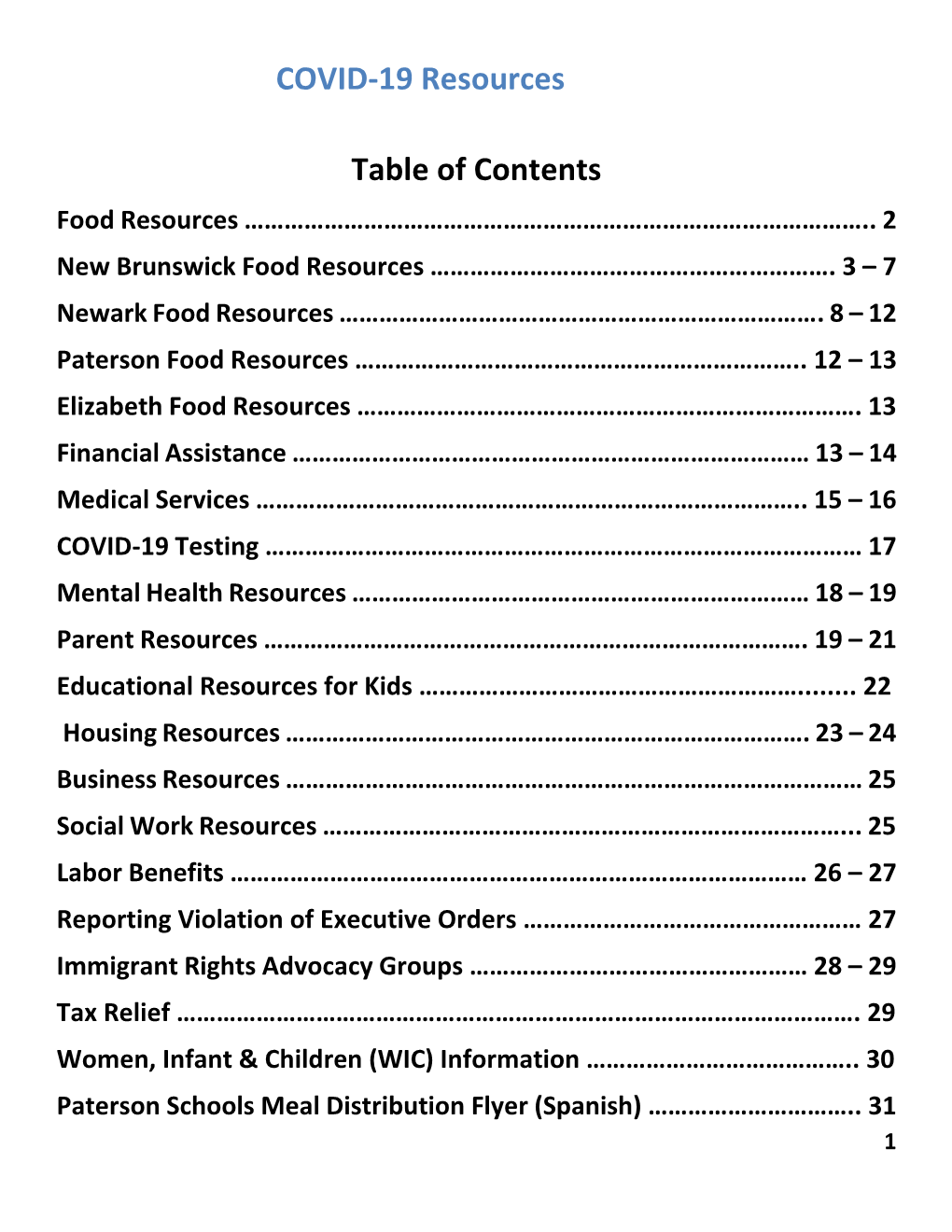 COVID-19 Resources Table of Contents