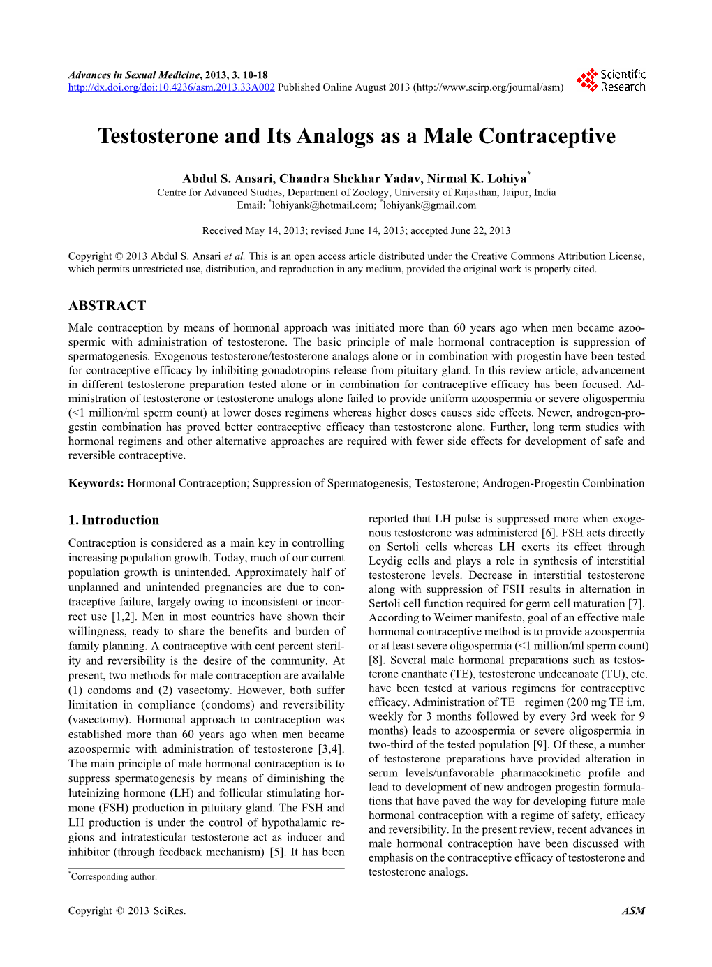 Testosterone and Its Analogs As a Male Contraceptive