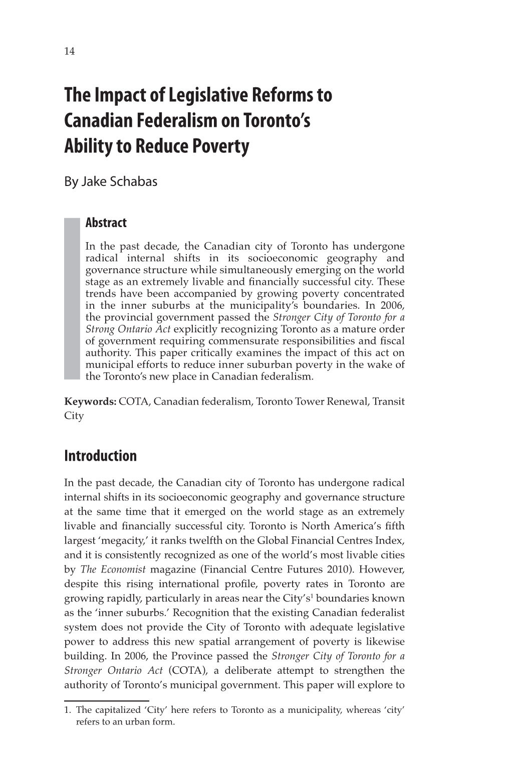 The Impact of Legislative Reforms to Canadian Federalism on Toronto’S Ability to Reduce Poverty