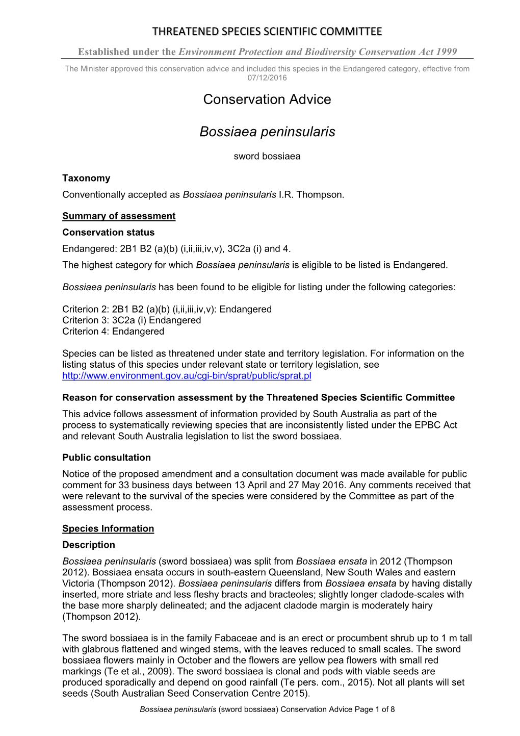 Conservation Advice Bossiaea Peninsularis Sword Bossiaea