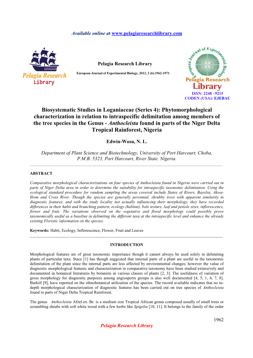 Biosystematic Studies in Loganiaceae (Series 4): Phytomorphological Characterization in Relation to Intraspecific Delimitation A