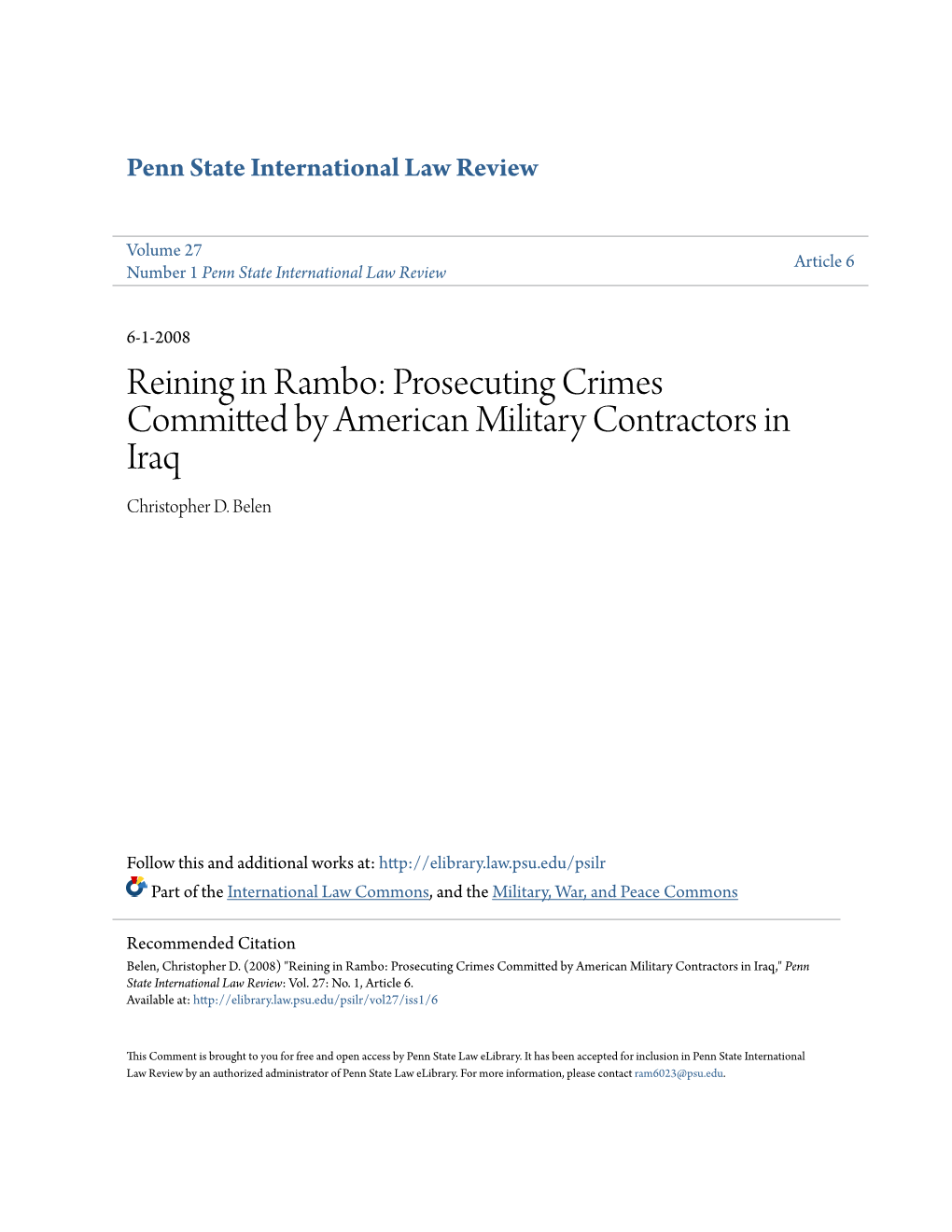 Prosecuting Crimes Committed by American Military Contractors in Iraq Christopher D