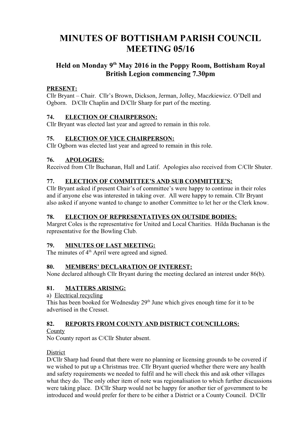 Minutes of Bottisham Parish Council Meeting 05/16
