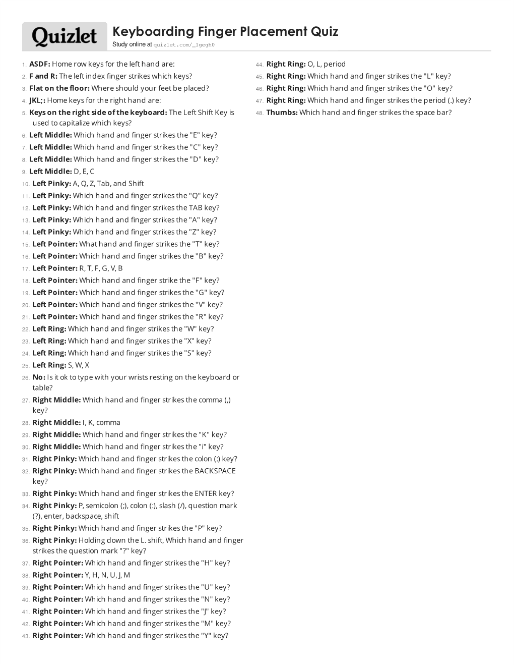 Print › Keyboarding Finger Placement Quiz | Quizlet