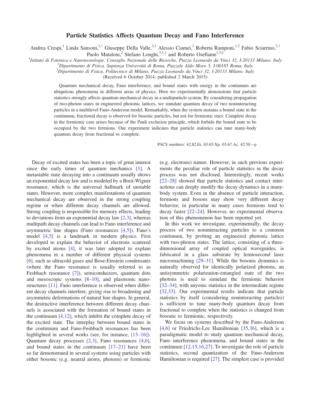 Particle Statistics Affects Quantum Decay and Fano Interference