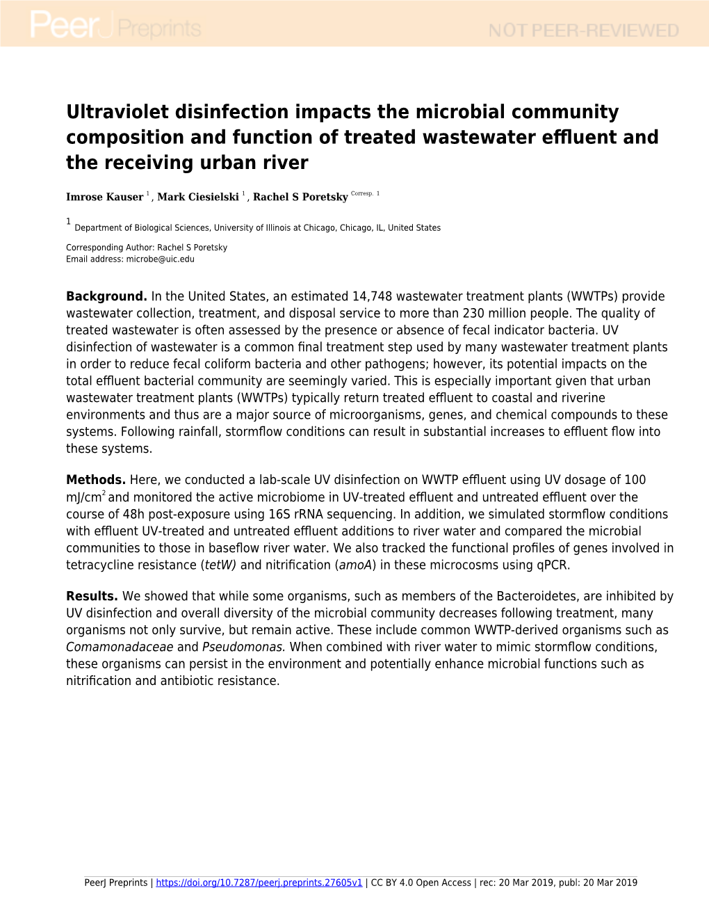 Ultraviolet Disinfection Impacts the Microbial Community Composition and Function of Treated Wastewater Eﬄuent and the Receiving Urban River