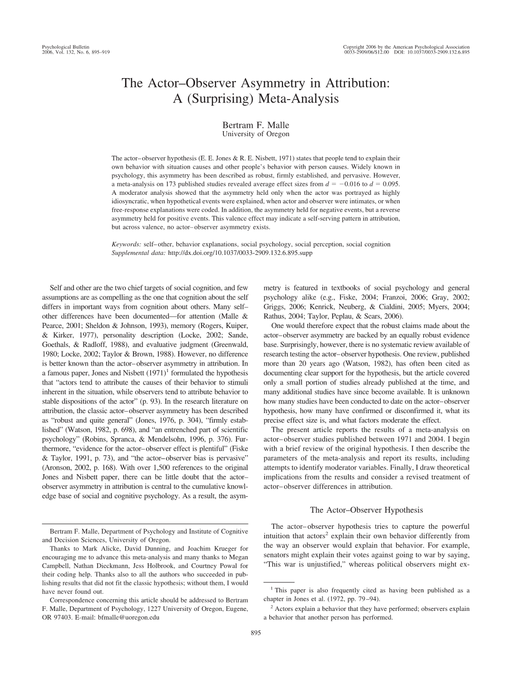 The Actor–Observer Asymmetry in Attribution: a (Surprising) Meta-Analysis