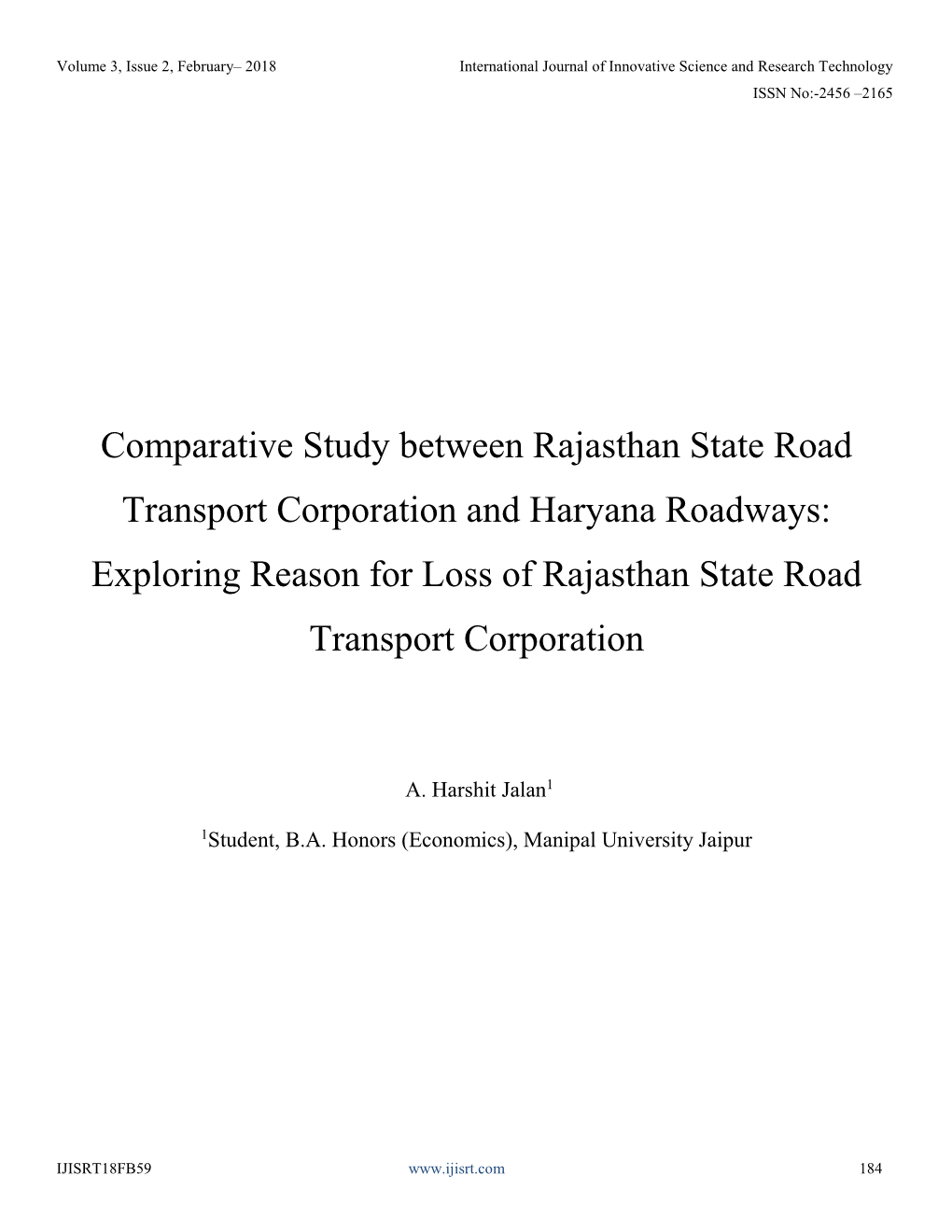 Comparative Study Between Rajasthan State Road Transport Corporation and Haryana Roadways: Exploring Reason for Loss of Rajasthan State Road Transport Corporation