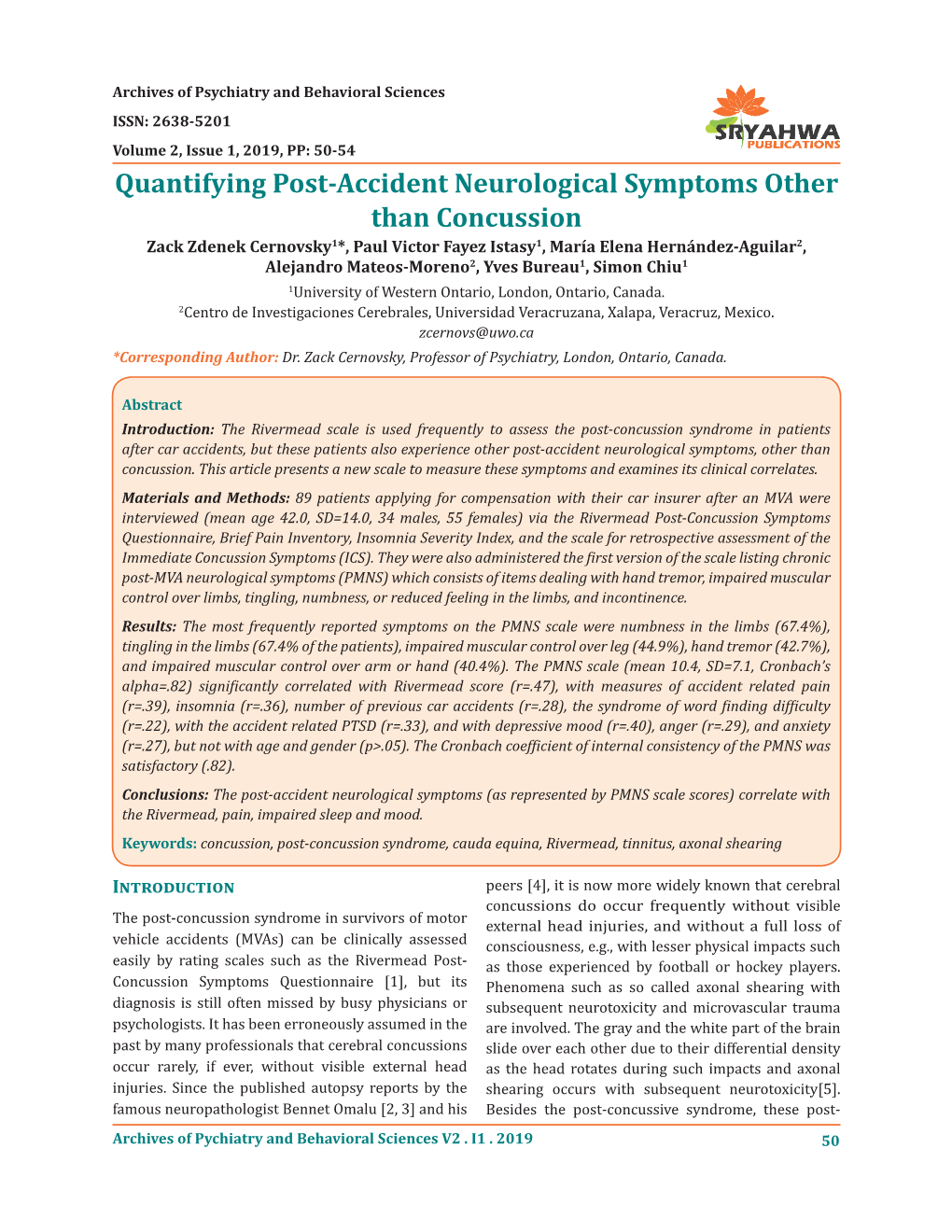 Quantifying Post-Accident Neurological Symptoms Other Than