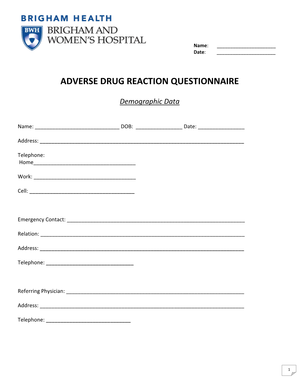 Adverse Drug Reaction Questionnaire