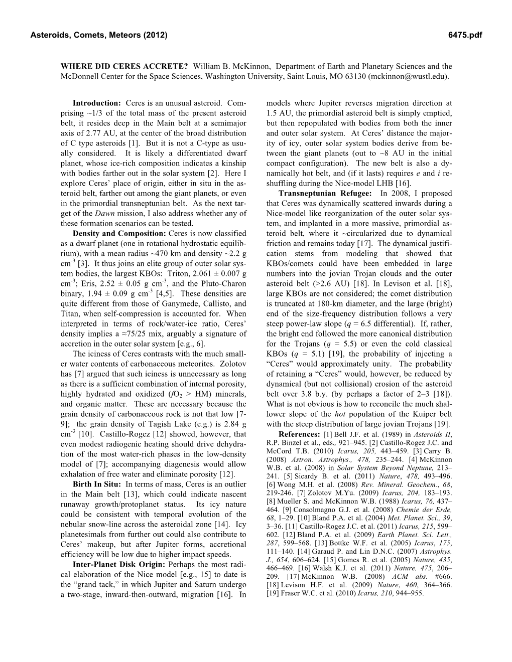 WHERE DID CERES ACCRETE? William B. Mckinnon, Department Of