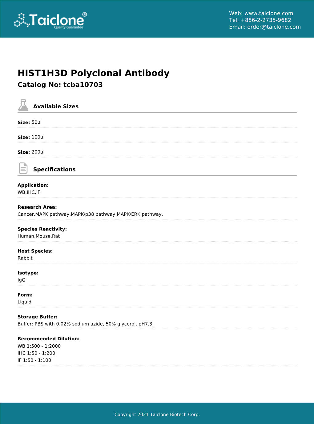 HIST1H3D Polyclonal Antibody Catalog No: Tcba10703