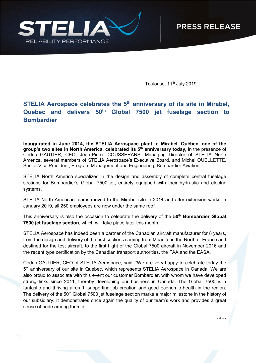 STELIA Aerospace Celebrates the 5Th Anniversary of Its Site in Mirabel, Quebec and Delivers 50Th Global 7500 Jet Fuselage Section to Bombardier