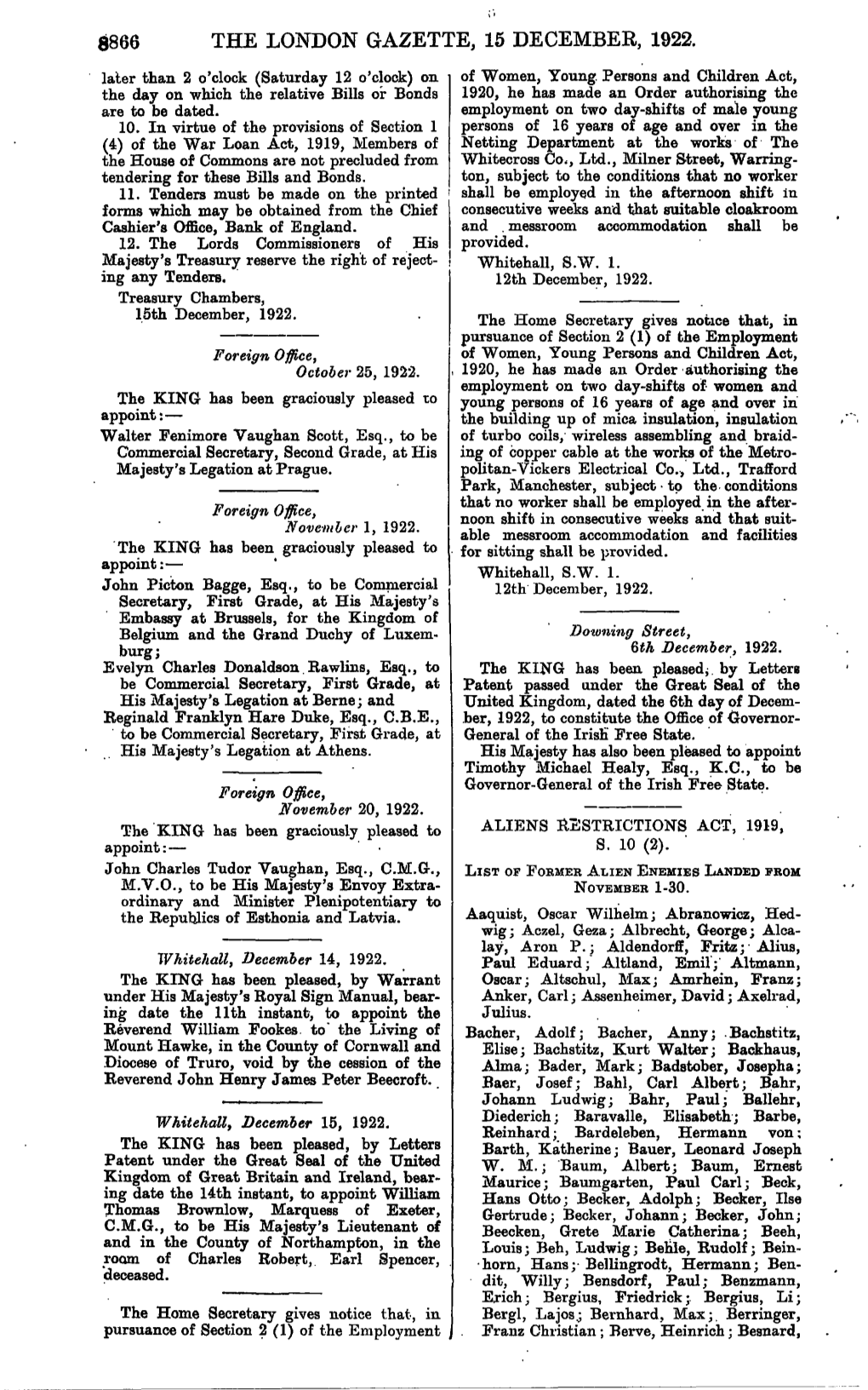 THE LONDON GAZETTE, 15 DECEMBER, 1922. Later Than 2 O'clock (Saturday 12 O'clock) on of Women, Young