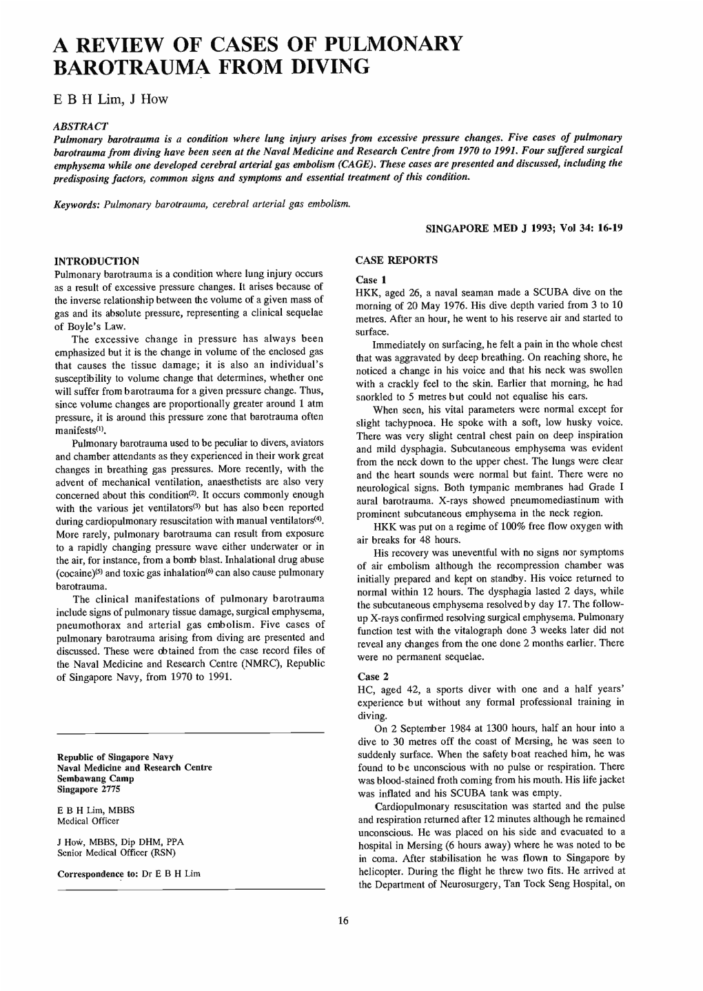 A REVIEW of CASES of PULMONARY BAROTRAUMA from DIVING EBH Lim, Jhow