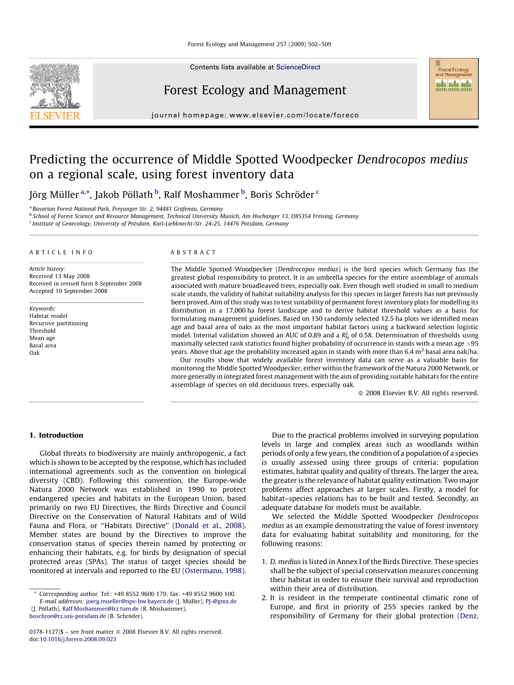 Predicting the Occurrence of Middle Spotted Woodpecker Dendrocopos Medius on a Regional Scale, Using Forest Inventory Data