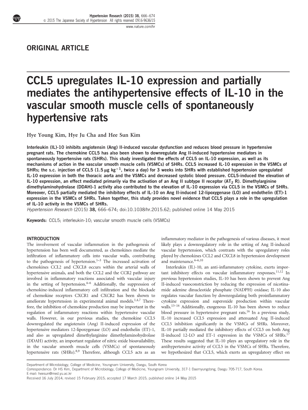 CCL5 Upregulates IL-10 Expression and Partially Mediates the Antihypertensive Effects of IL-10 in the Vascular Smooth Muscle Cells of Spontaneously Hypertensive Rats