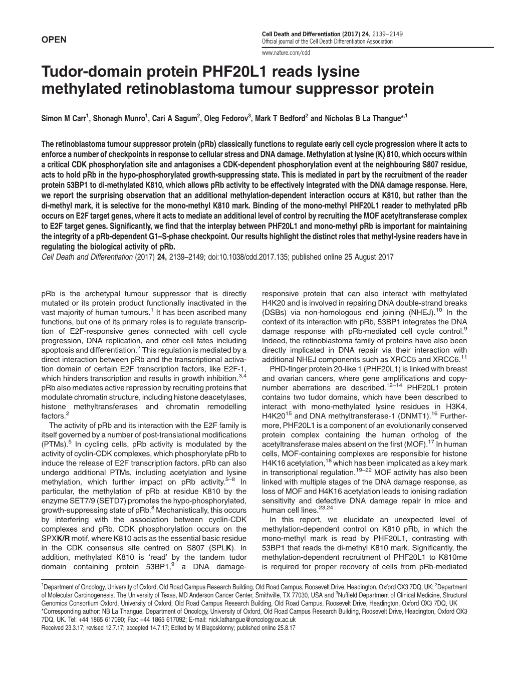 Tudor-Domain Protein PHF20L1 Reads Lysine Methylated Retinoblastoma Tumour Suppressor Protein