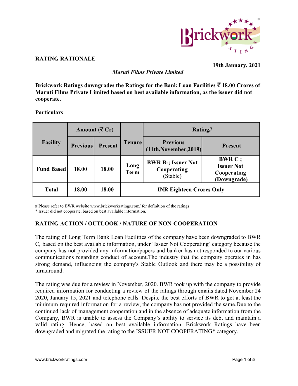 RATING RATIONALE 19Th January, 2021 Maruti Films Private Limited